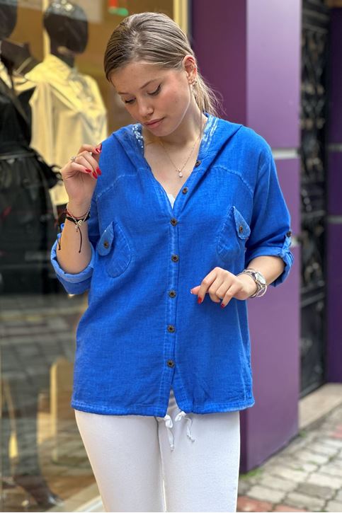 Cep Kapşon Pulpayet Detay Keten Gömlek-Saksmavi