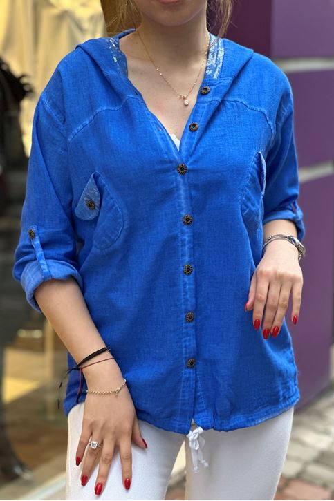 Cep Kapşon Pulpayet Detay Keten Gömlek-Saksmavi