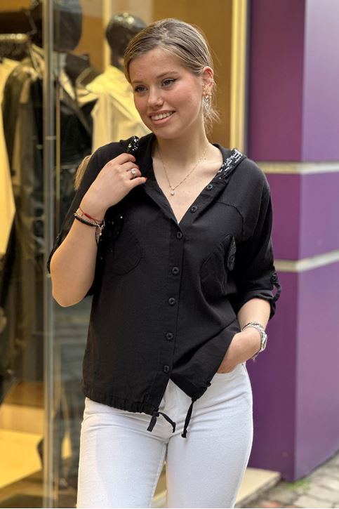 Cep Kapşon Pulpayet Detay Keten Gömlek-Siyah