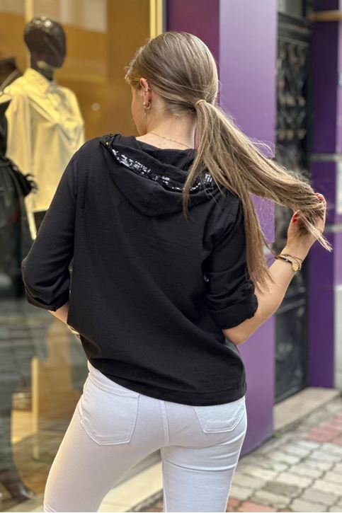 Cep Kapşon Pulpayet Detay Keten Gömlek-Siyah