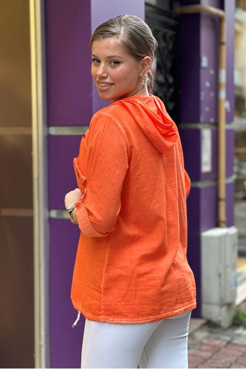 Cep Kapşon Pulpayet Detay Keten Gömlek-Turuncu