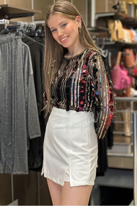 Yan Fermuarlı Yırtmaç Detay Şort Etek-Beyaz