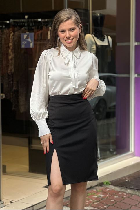 Yüksek Bel Yırtmaçlı Kalem Etek-Siyah