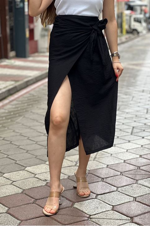 Yan Bağlamalı Yırtmaçlı Keten Etek-Siyah