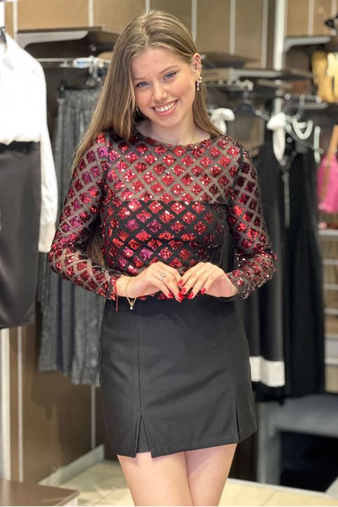 Pulpayet Tül Detay Bluz-Bordo