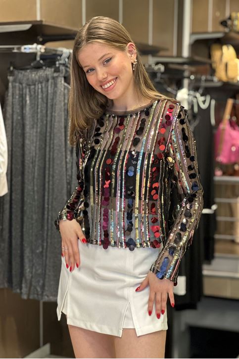 Pullu Tül Model Bluz-Renkli