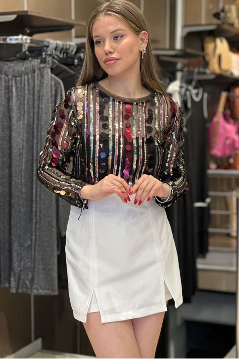 Pullu Tül Model Bluz-Renkli