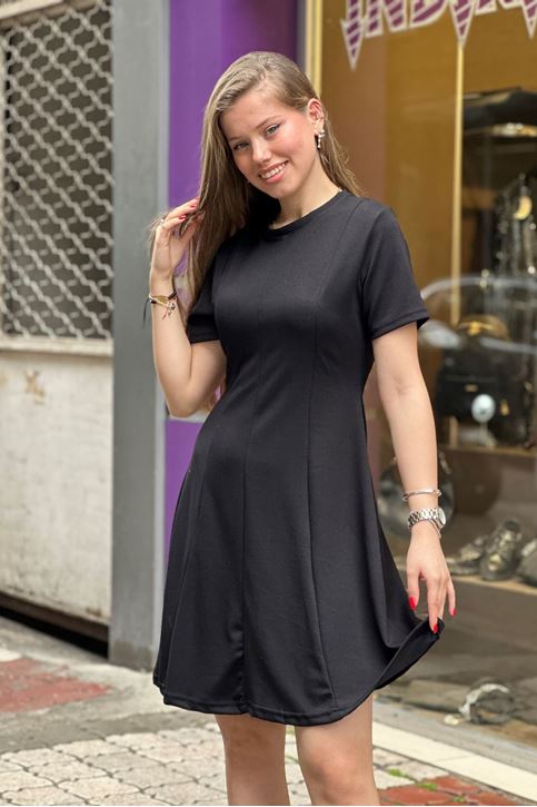Pens Detaylı Çan Kısa Elbise-Siyah