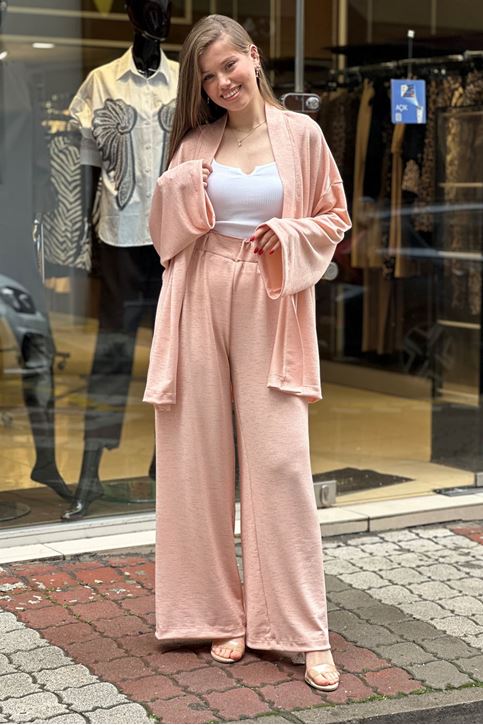 Simli Salaş Ceketli Bol Paça Pantolon İkili takım-Pudra