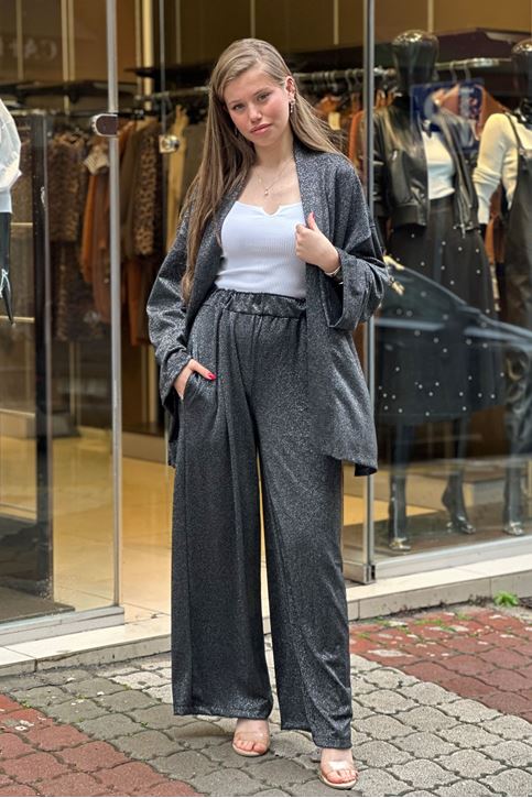 Simli Salaş Ceketli Bol Paça Pantolon İkili takım-Siyah