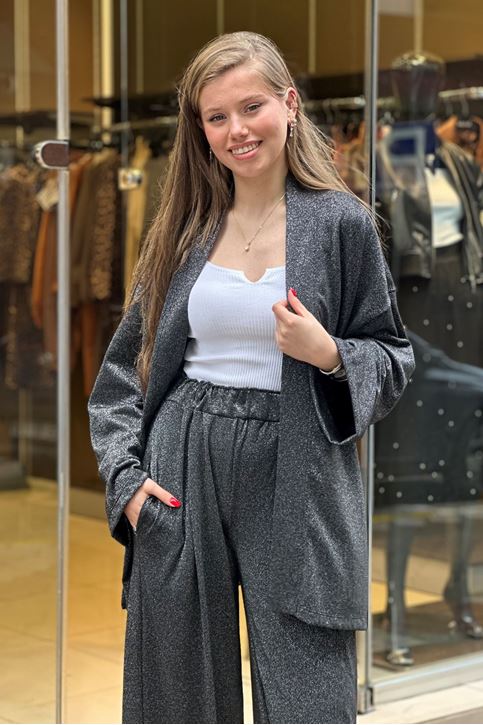 Simli Salaş Ceketli Bol Paça Pantolon İkili takım-Siyah