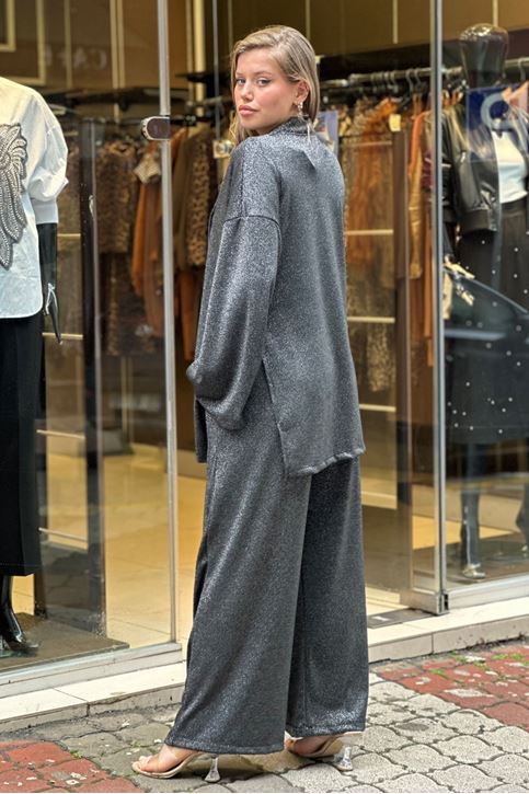 Simli Salaş Ceketli Bol Paça Pantolon İkili takım-Siyah