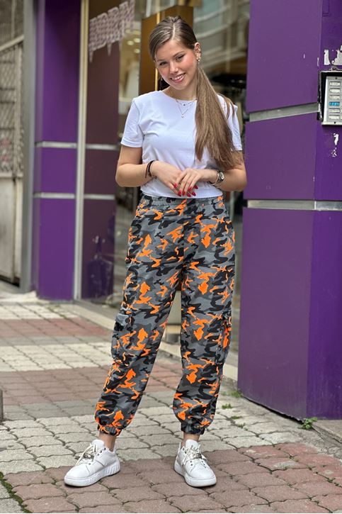 Beli Ve Paçası Lastikli Kargo Cepli Kamuflaj Pantolon-Turuncu