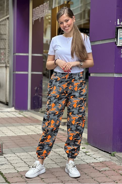 Beli Ve Paçası Lastikli Kargo Cepli Kamuflaj Pantolon-Turuncu