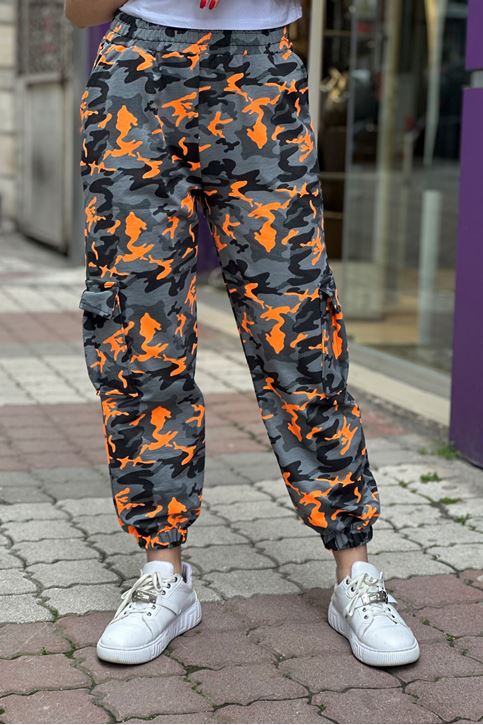 Beli Ve Paçası Lastikli Kargo Cepli Kamuflaj Pantolon-Turuncu