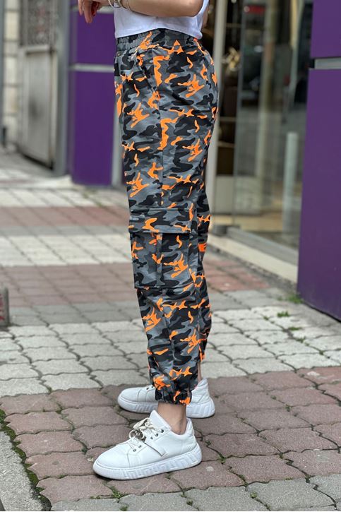 Beli Ve Paçası Lastikli Kargo Cepli Kamuflaj Pantolon-Turuncu