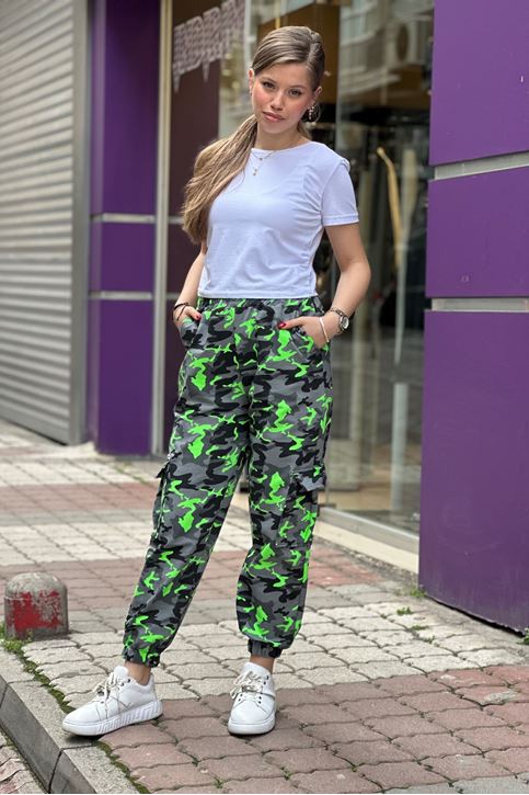 Beli Ve Paçası Lastikli Kargo Cepli Kamuflaj Pantolon-Yeşil