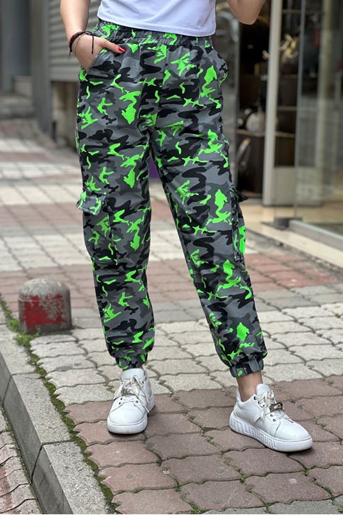 Beli Ve Paçası Lastikli Kargo Cepli Kamuflaj Pantolon-Yeşil