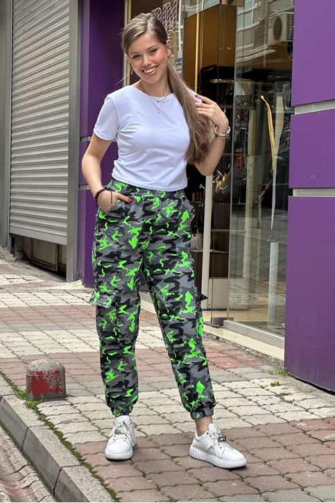 Beli Ve Paçası Lastikli Kargo Cepli Kamuflaj Pantolon-Yeşil