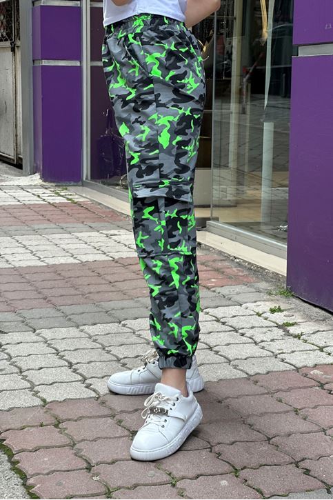 Beli Ve Paçası Lastikli Kargo Cepli Kamuflaj Pantolon-Yeşil