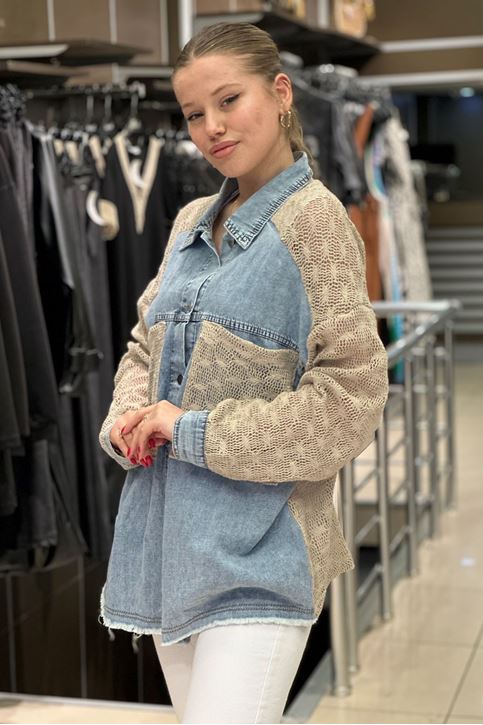 Merserize Örme Detay Oversize Kot Gömlek-Krem