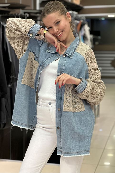 Merserize Örme Detay Oversize Kot Gömlek-Krem