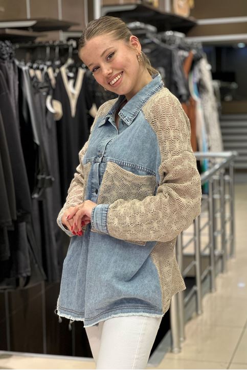 Merserize Örme Detay Oversize Kot Gömlek-Krem