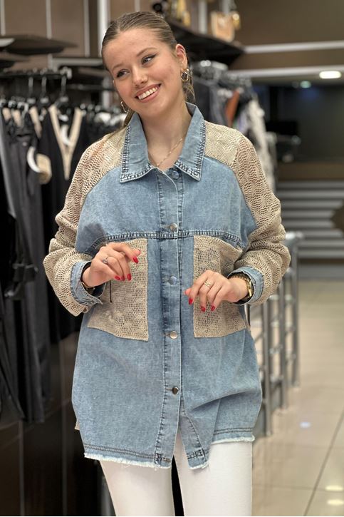 Merserize Örme Detay Oversize Kot Gömlek-Krem