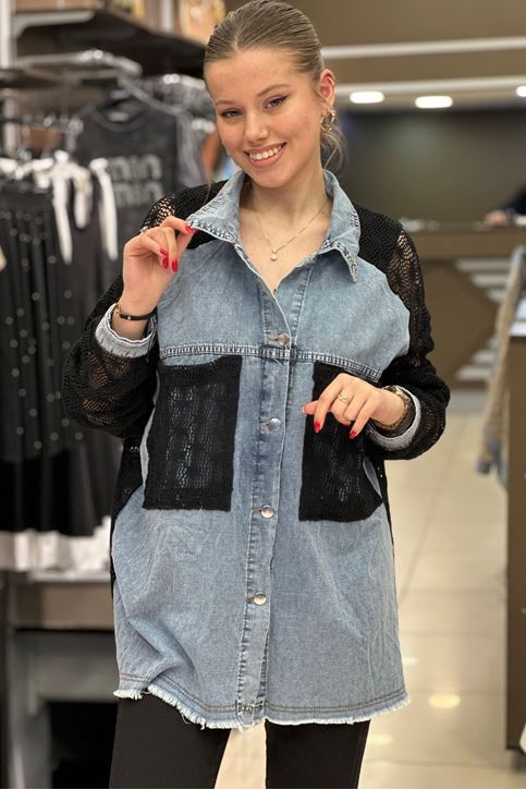 Merserize Örme Detay Oversize Kot Gömlek-Siyah