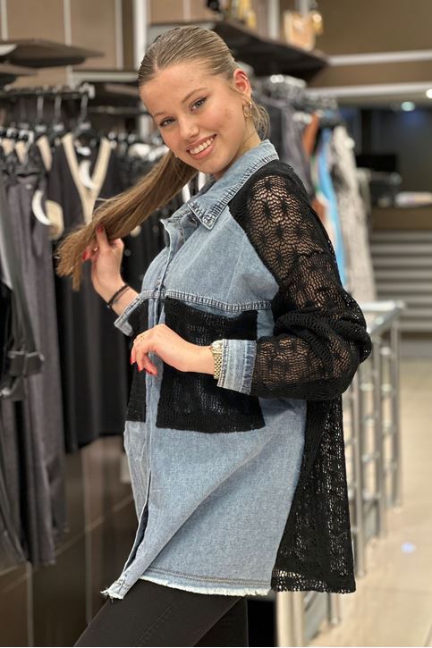 Merserize Örme Detay Oversize Kot Gömlek-Siyah