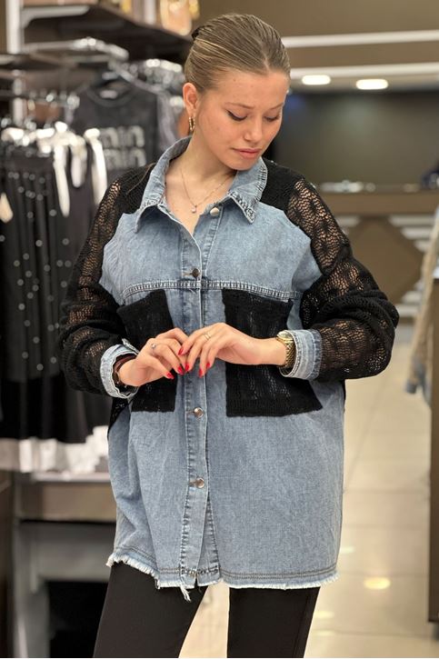 Merserize Örme Detay Oversize Kot Gömlek-Siyah