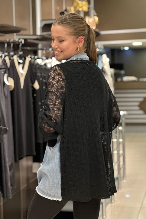 Merserize Örme Detay Oversize Kot Gömlek-Siyah