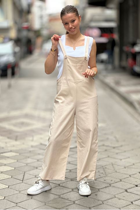 Ön Cep Detay Salopet Askılı Tulum-Krem