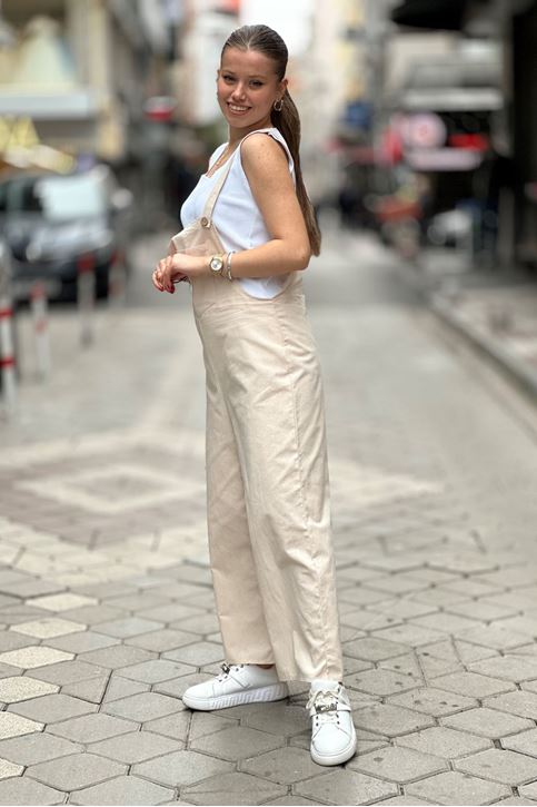 Ön Cep Detay Salopet Askılı Tulum-Krem