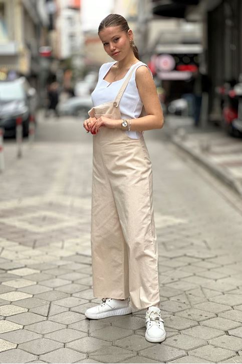 Ön Cep Detay Salopet Askılı Tulum-Krem