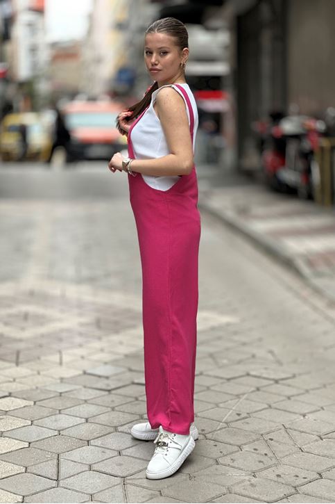 Ön Cep Detay Salopet Askılı Tulum-Pembe