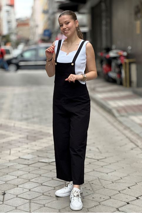 Ön Cep Detay Salopet Askılı Tulum-Siyah