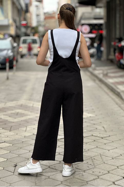 Ön Cep Detay Salopet Askılı Tulum-Siyah