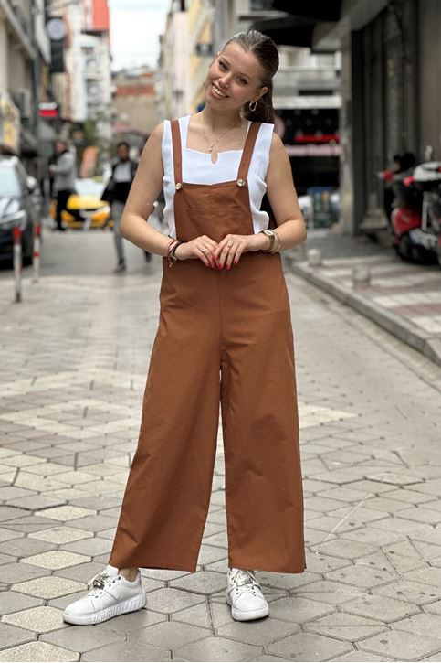 Ön Cep Detay Salopet Askılı Tulum-Taba