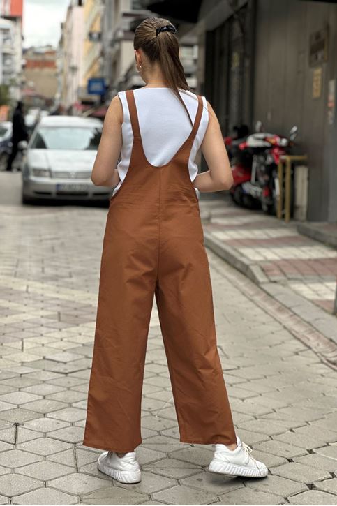 Ön Cep Detay Salopet Askılı Tulum-Taba