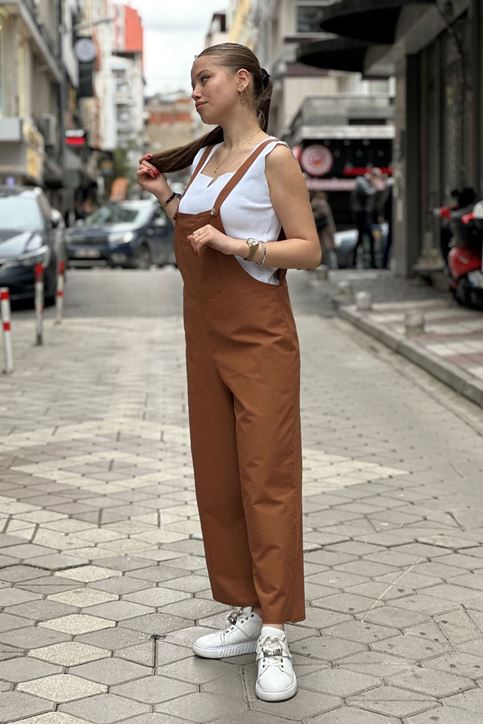 Ön Cep Detay Salopet Askılı Tulum-Taba