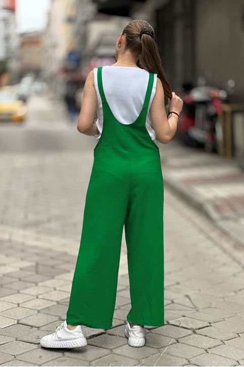 Ön Cep Detay Salopet Askılı Tulum-Yeşil