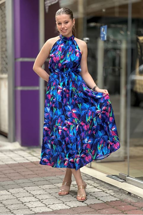 Halter Yaka Kuşaklı Çiçek Desen Midi Boy Elbise-Saksmavi