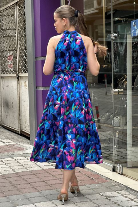 Halter Yaka Kuşaklı Çiçek Desen Midi Boy Elbise-Saksmavi