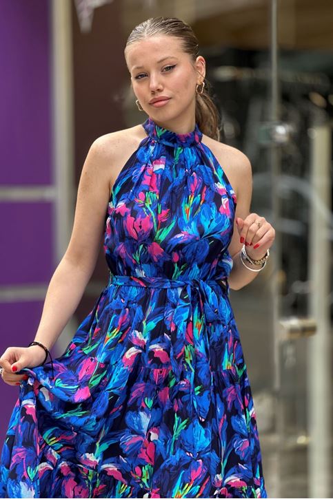 Halter Yaka Kuşaklı Çiçek Desen Midi Boy Elbise-Saksmavi