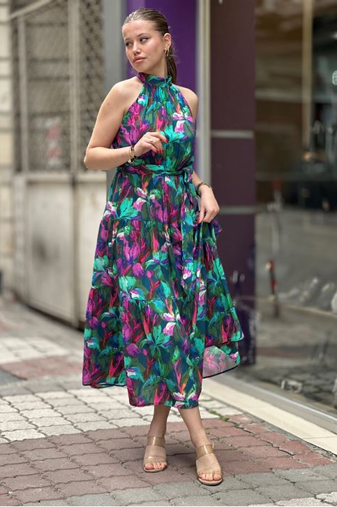 Halter Yaka Kuşaklı Çiçek Desen Midi Boy Elbise-Yeşil