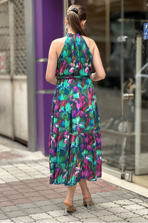 Halter Yaka Kuşaklı Çiçek Desen Midi Boy Elbise-Yeşil