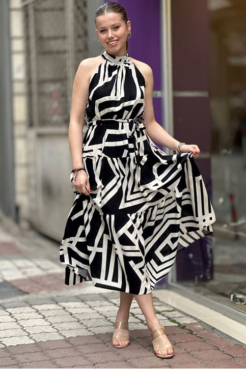 Halter Yaka Geometrik Desenli Midi Boy Elbise-Krem