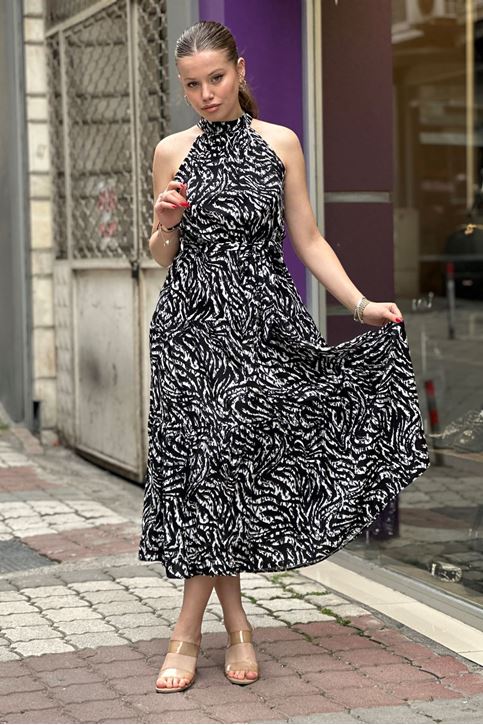 Halter Yaka Nokta Desenli Midi Boy Elbise-Siyah