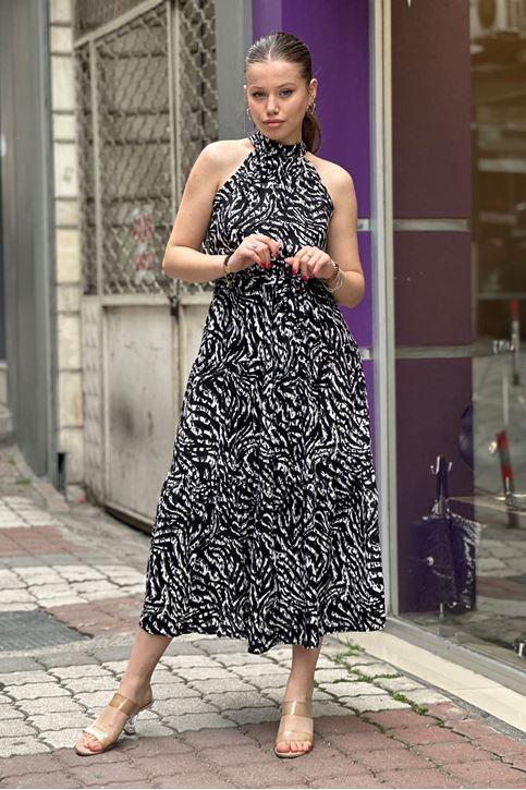 Halter Yaka Nokta Desenli Midi Boy Elbise-Siyah